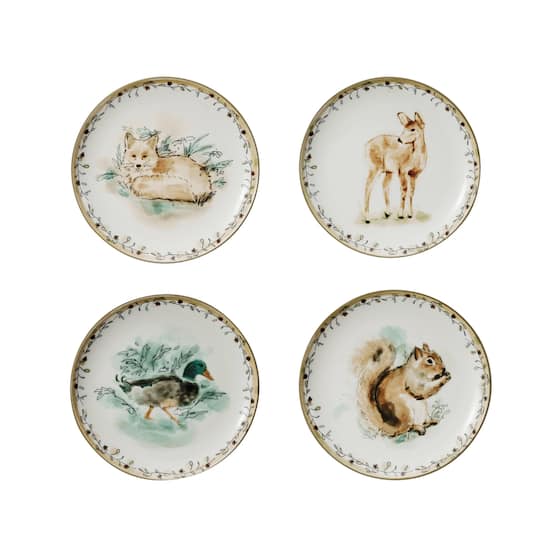 Hello Honey 8" Round Animal Stoneware Plates with Floral Edge, 4ct.